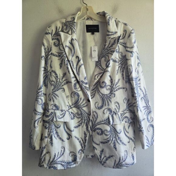 NWT Banana Republic "Long & Lean" Blue White Print Linen 1 Button Blazer size 14 - Picture 4 of 10